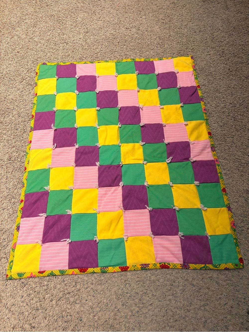Handmade Patchwork Baby Quilt - Yellow, Pink, Green, Purple and Floral Pattern​